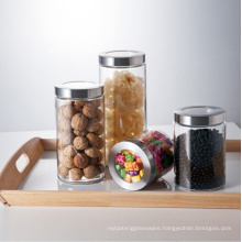 Haonai heat resistant glass jar regular style glass storage jar /glass jar with metal lid with silver color lid